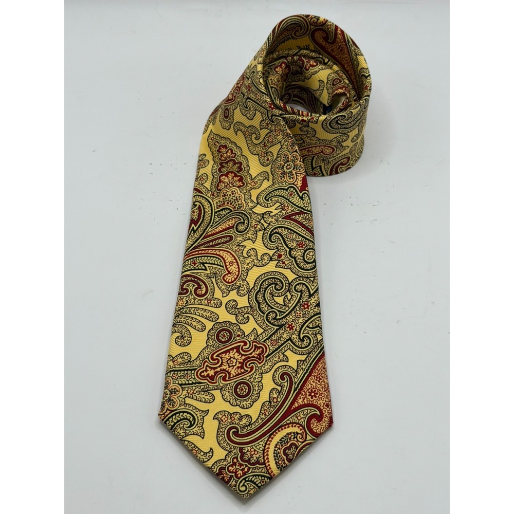 Polo Ralph Lauren Tie‎ 100% Silk Yellow Paisley Handmade In Italy
